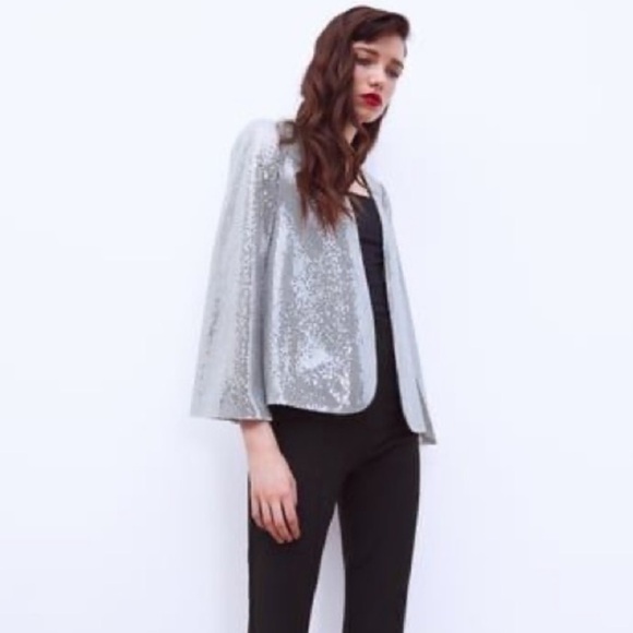 Zara Cape Puncho Blazer Jacket Silver Metallic Sequin NEW - Picture 9 of 13